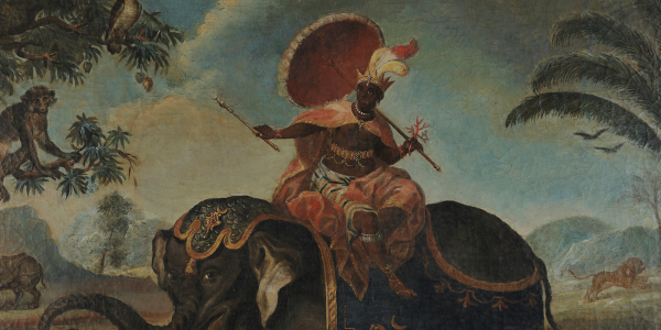 This image, an allegory of the African continent, shows an African riding an elephant in an African landscape with African trees and other African animals. 