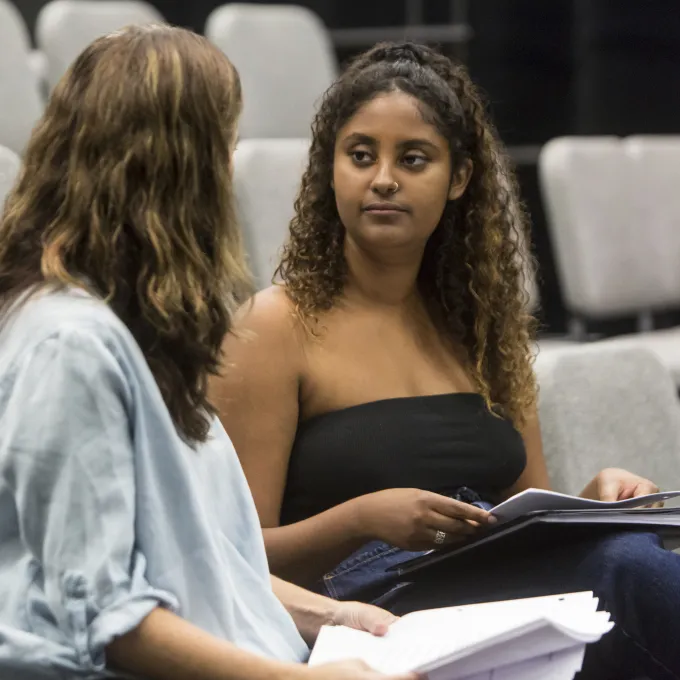 Senior Sophie Tegenu (right) chats Sept. 21 with director Paige McGinley at rehearsals for Tegenu’s new play, “Mrs. Kelley’s Igloo.” (All photos: Jerry Naunheim Jr./Washington University)